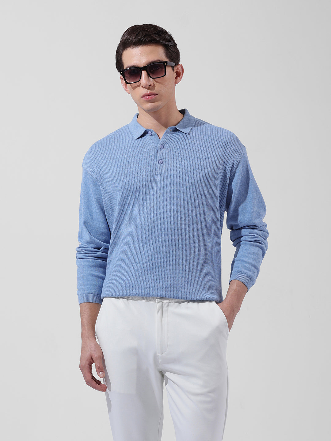 Men's Blue Oversized Fit Textured Flat Knit Polo Collar T-Shirt