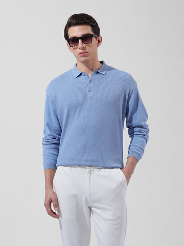 Men's Blue Oversized Fit Textured Flat Knit Polo Collar T-Shirt