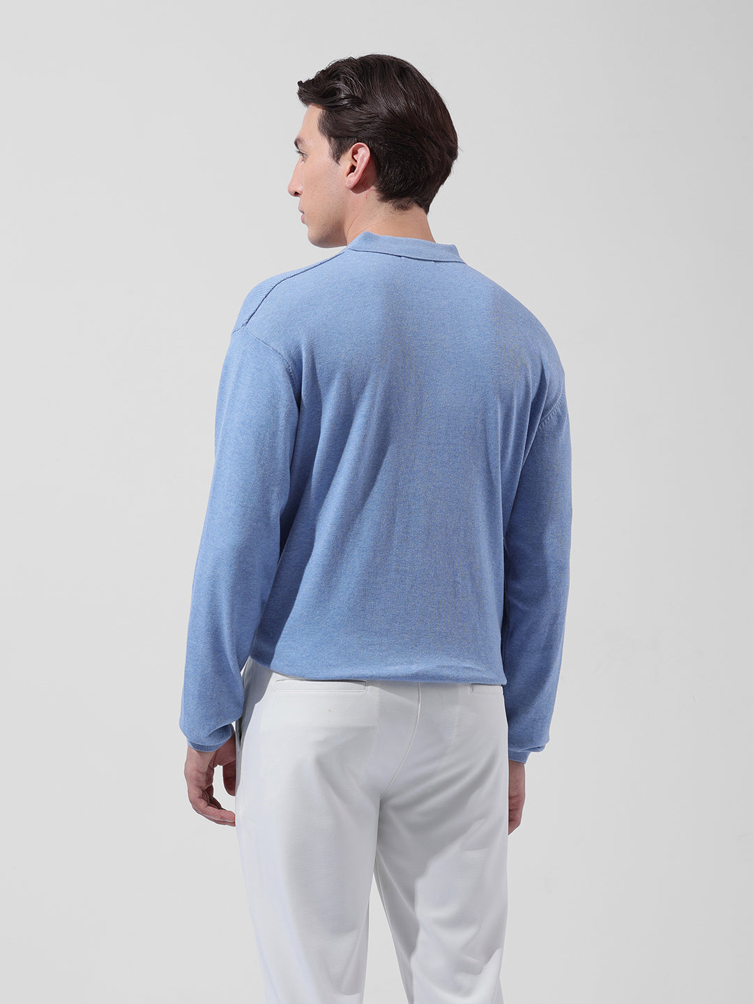 Men's Blue Oversized Fit Textured Flat Knit Polo Collar T-Shirt