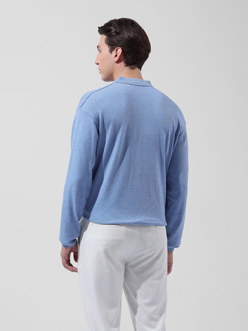 Men's Blue Oversized Fit Textured Flat Knit Polo Collar T-Shirt