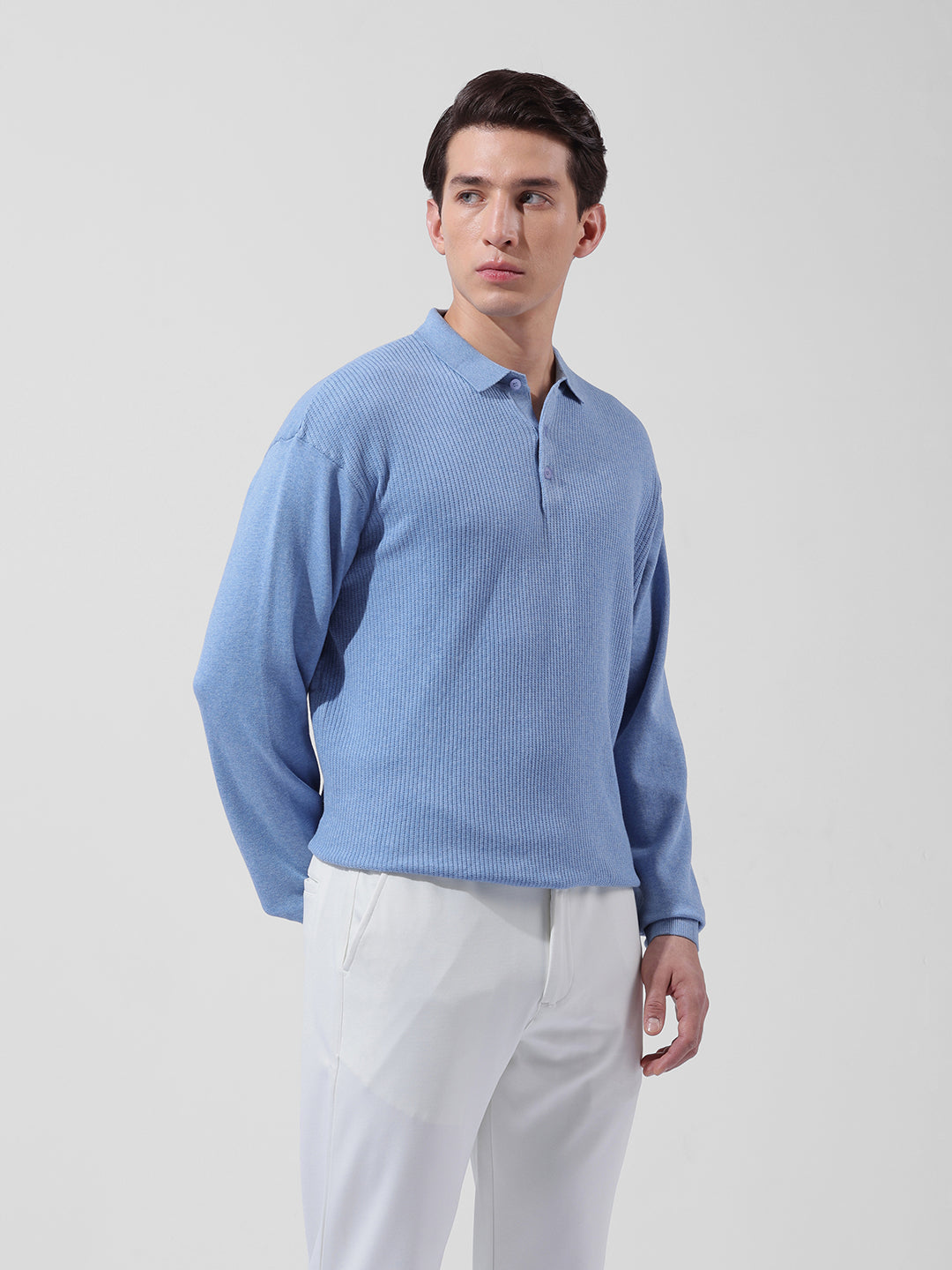 Men's Blue Oversized Fit Textured Flat Knit Polo Collar T-Shirt