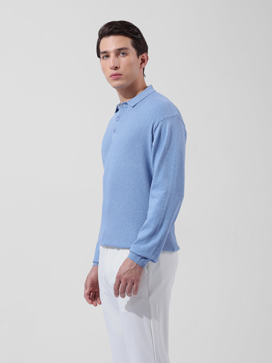 Men's Blue Oversized Fit Textured Flat Knit Polo Collar T-Shirt