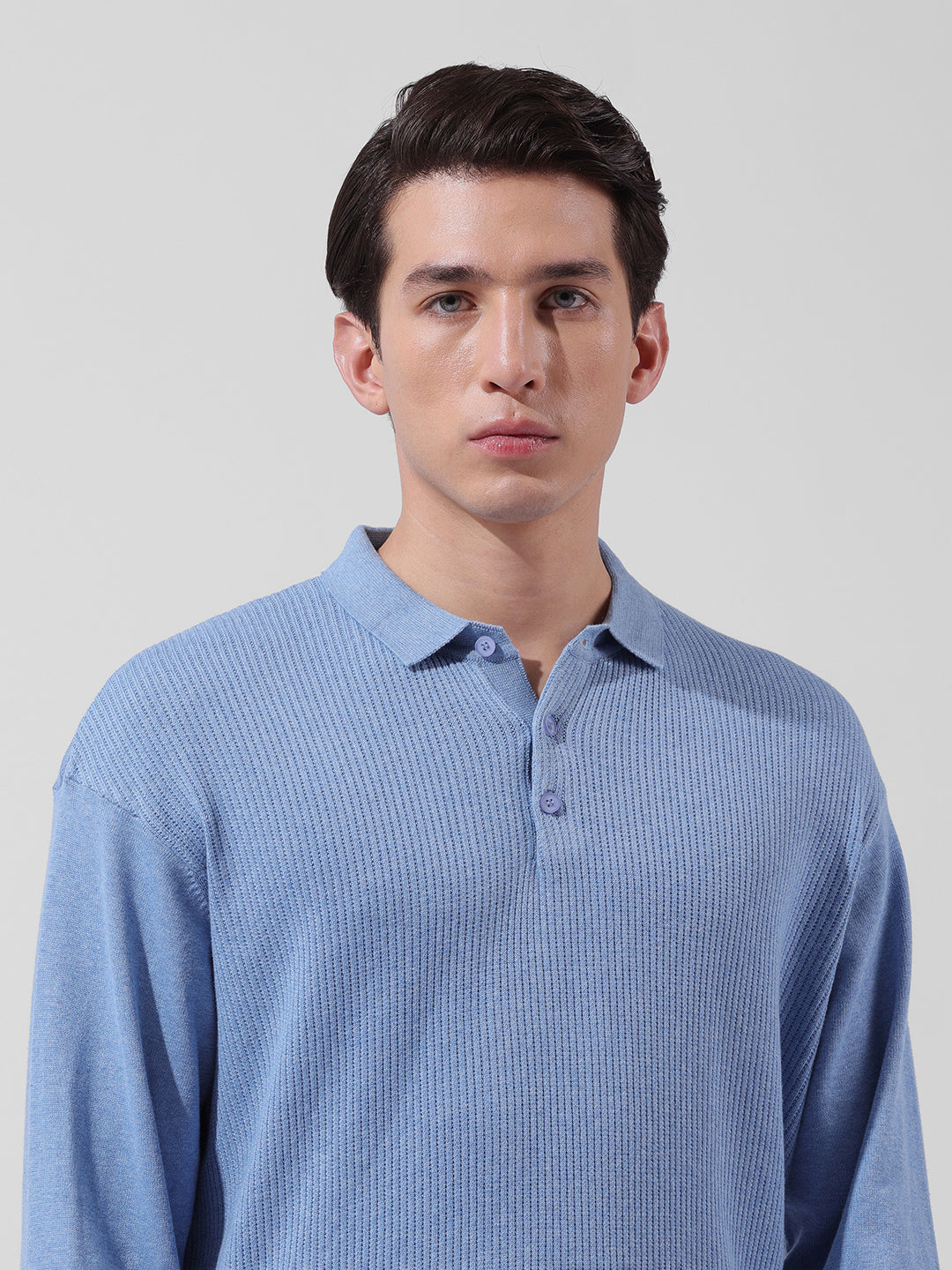 Men's Blue Oversized Fit Textured Flat Knit Polo Collar T-Shirt