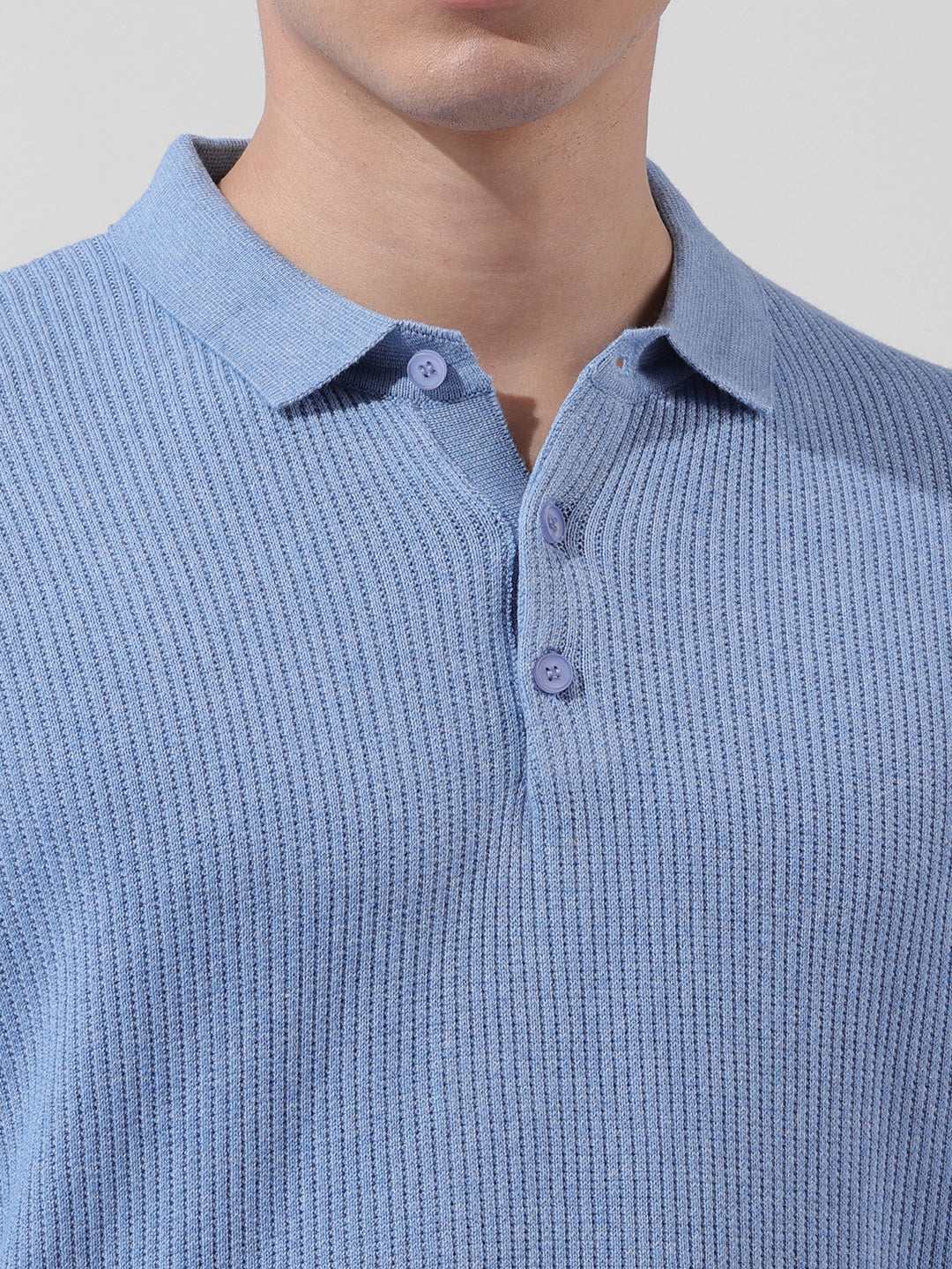 Men's Blue Oversized Fit Textured Flat Knit Polo Collar T-Shirt