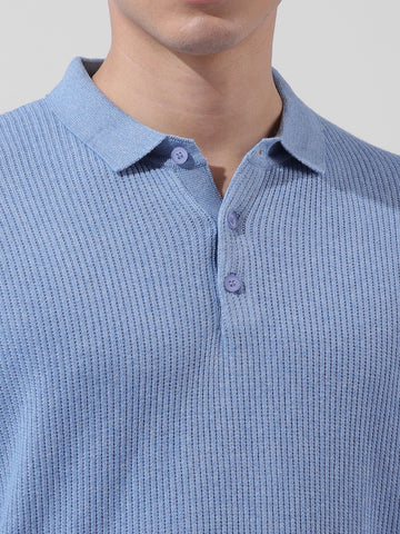 Men's Blue Oversized Fit Textured Flat Knit Polo Collar T-Shirt