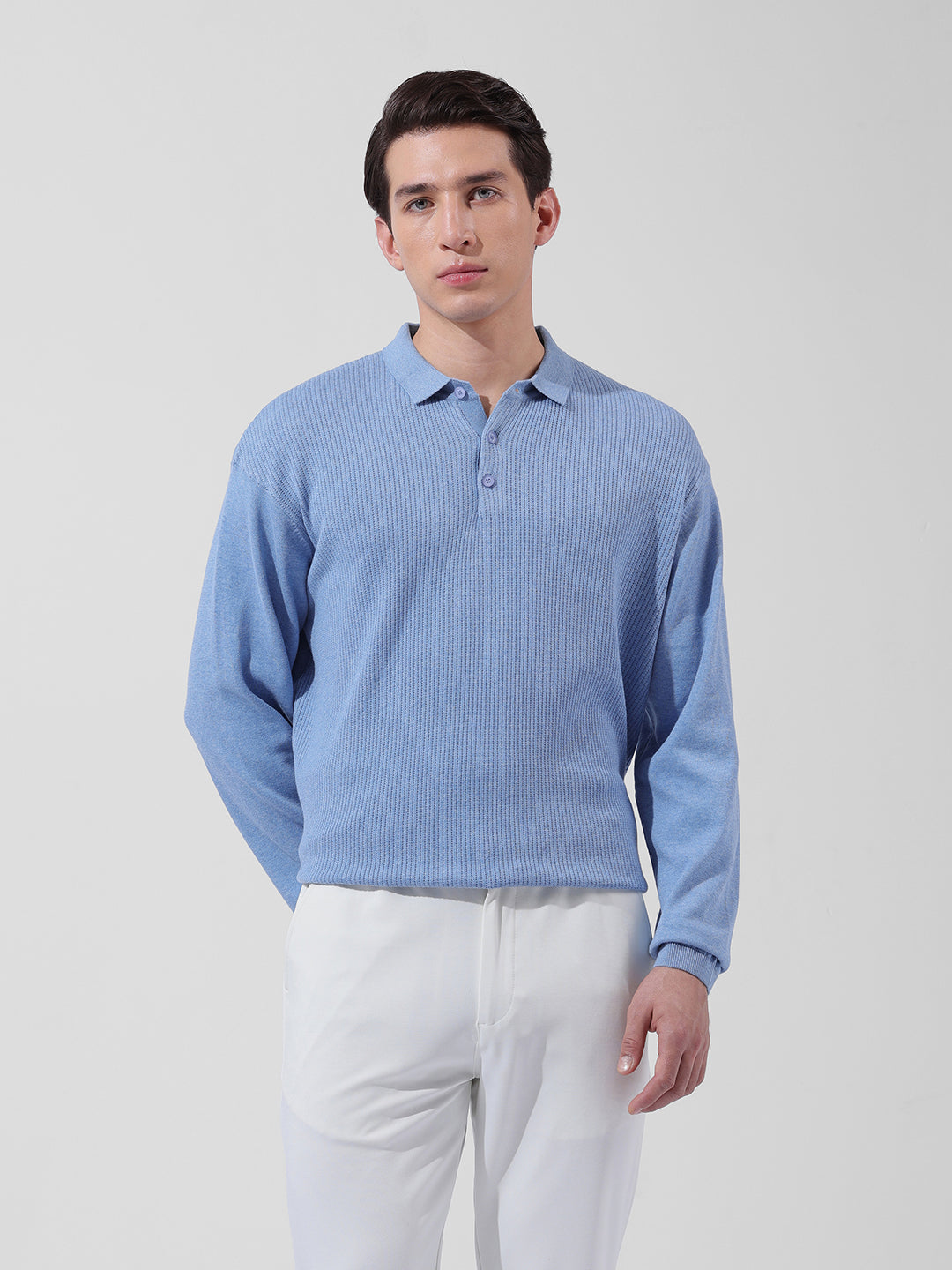 Men's Blue Oversized Fit Textured Flat Knit Polo Collar T-Shirt