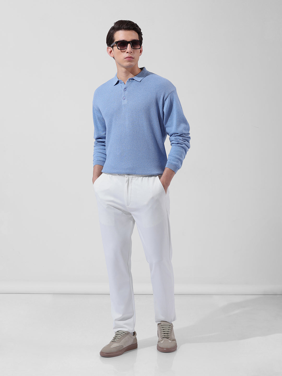 Men's Blue Oversized Fit Textured Flat Knit Polo Collar T-Shirt