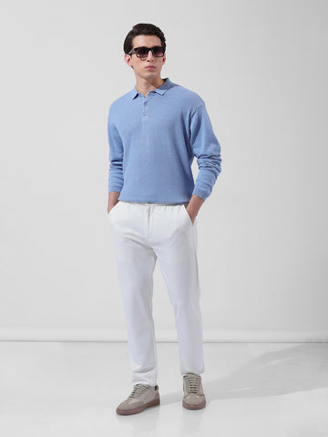Men's Blue Oversized Fit Textured Flat Knit Polo Collar T-Shirt
