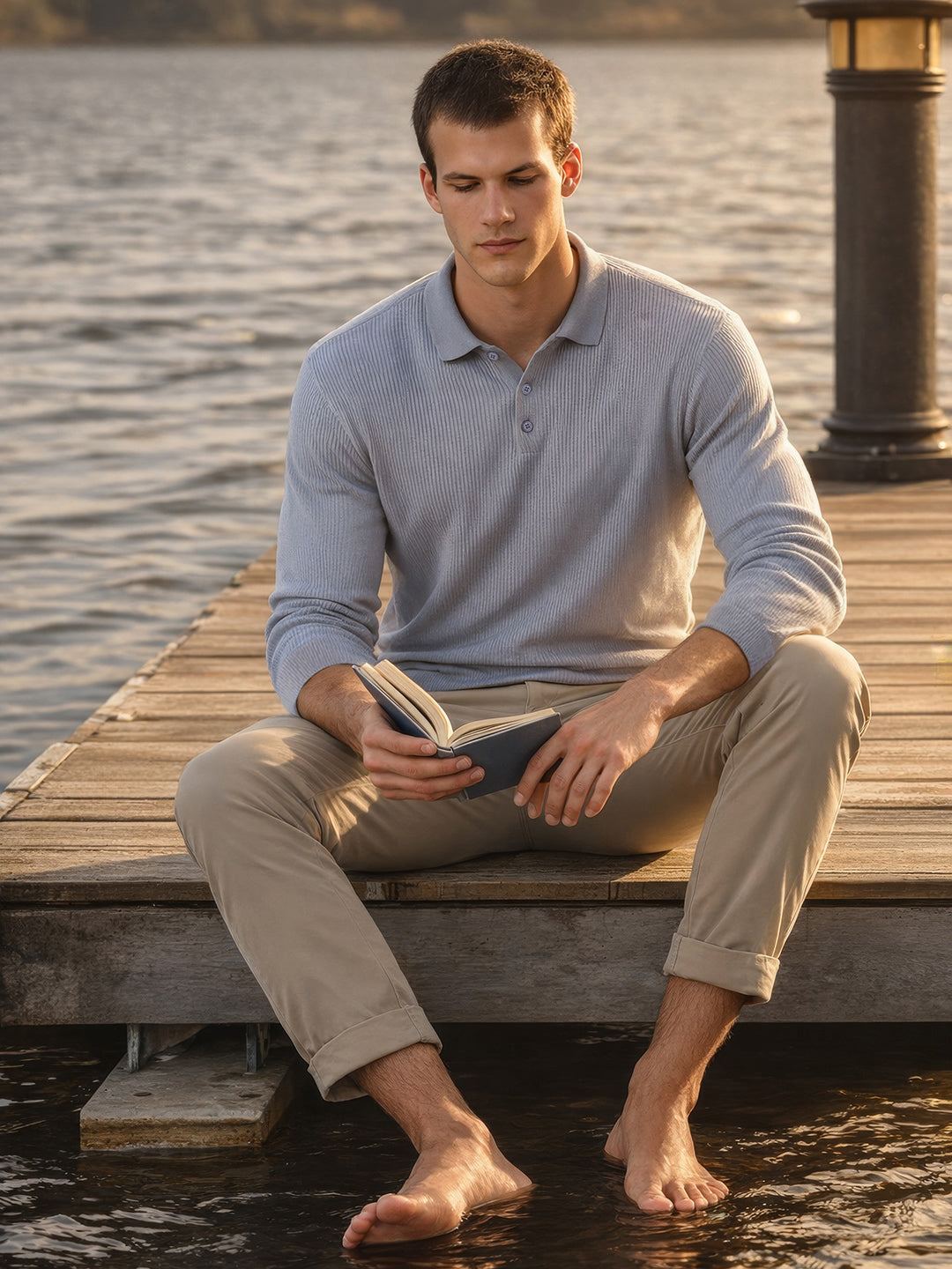 Men's Grey Oversized Fit Textured Flat Knit Polo Collar T-Shirt