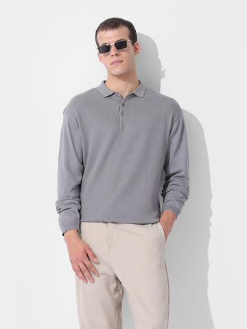 Men's Grey Oversized Fit Textured Flat Knit Polo Collar T-Shirt