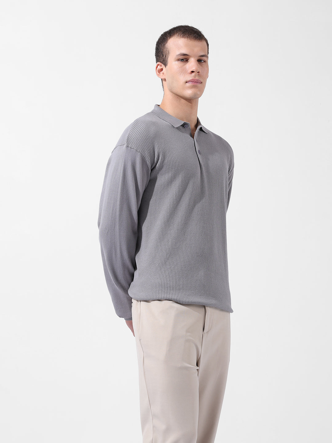 Men's Grey Oversized Fit Textured Flat Knit Polo Collar T-Shirt