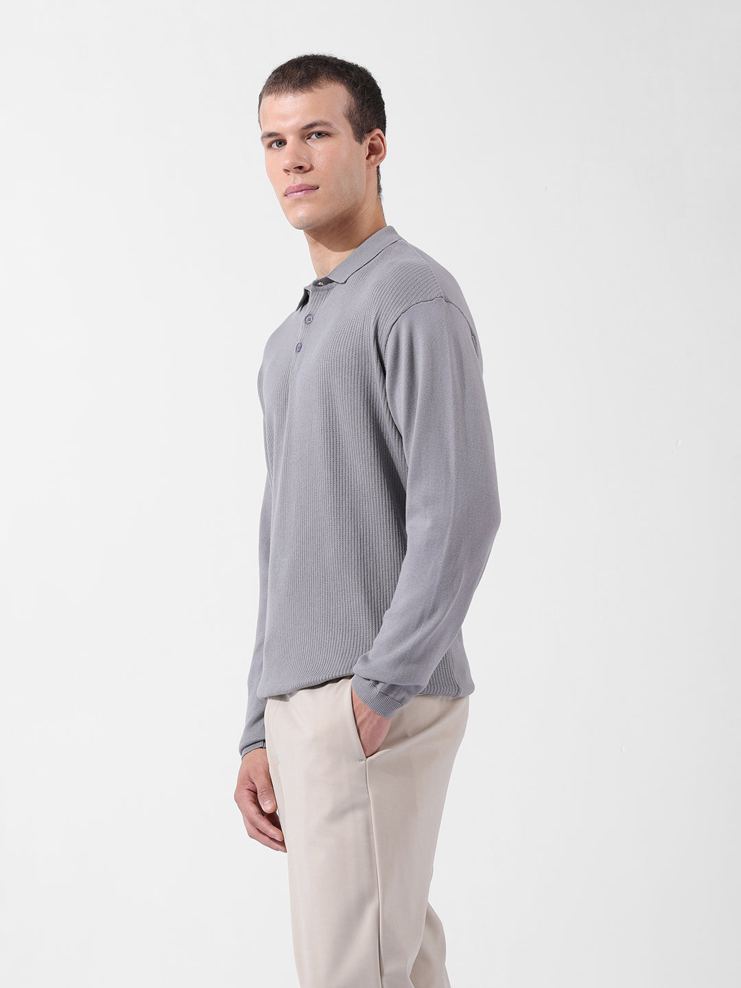 Men's Grey Oversized Fit Textured Flat Knit Polo Collar T-Shirt