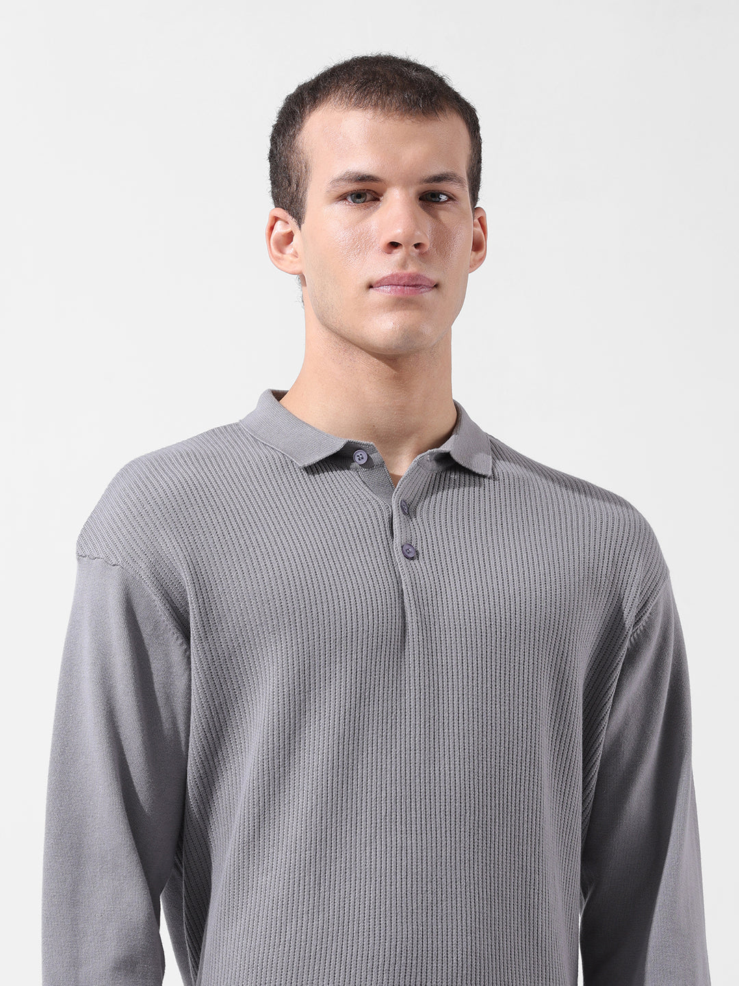 Men's Grey Oversized Fit Textured Flat Knit Polo Collar T-Shirt