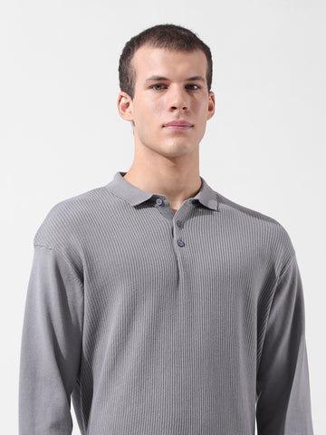 Men's Grey Oversized Fit Textured Flat Knit Polo Collar T-Shirt