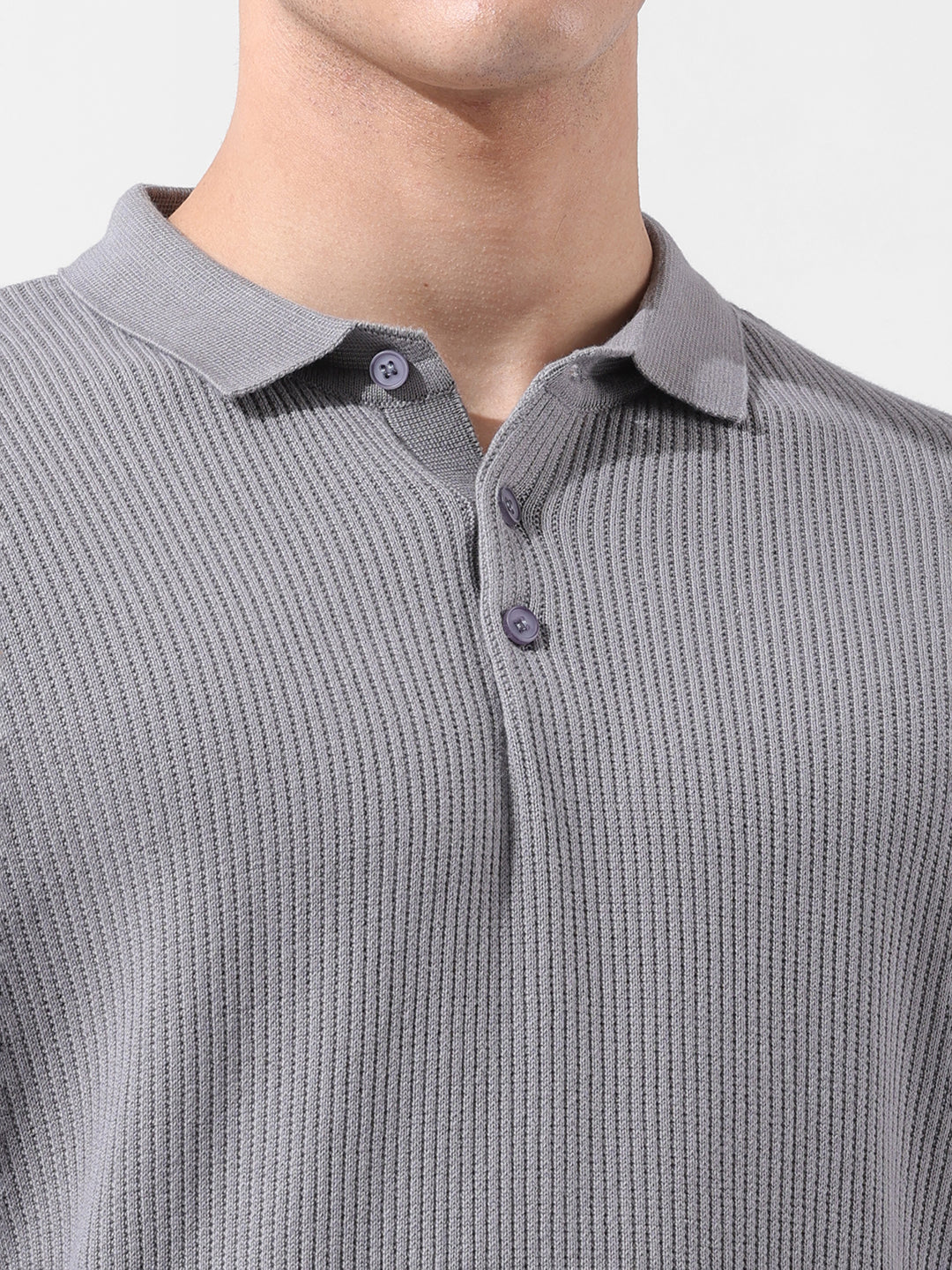 Men's Grey Oversized Fit Textured Flat Knit Polo Collar T-Shirt