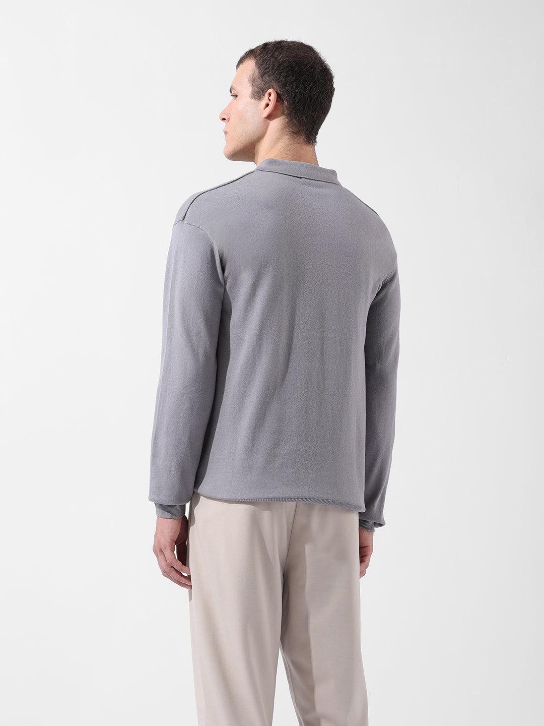 Men's Grey Oversized Fit Textured Flat Knit Polo Collar T-Shirt