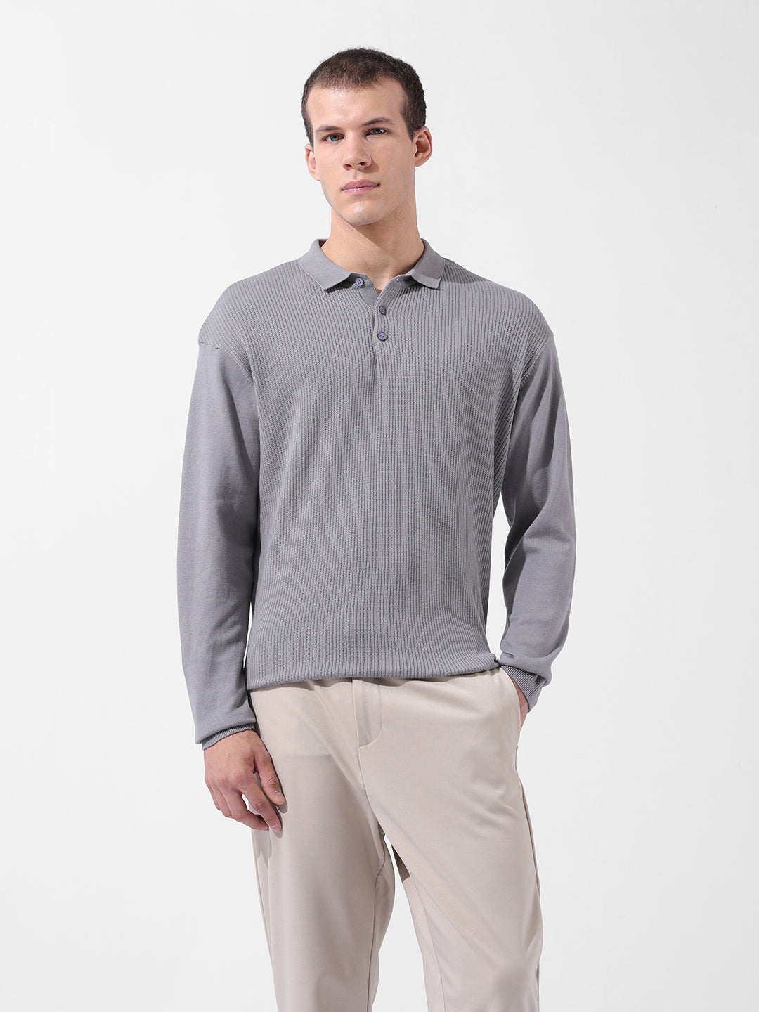 Men's Grey Oversized Fit Textured Flat Knit Polo Collar T-Shirt
