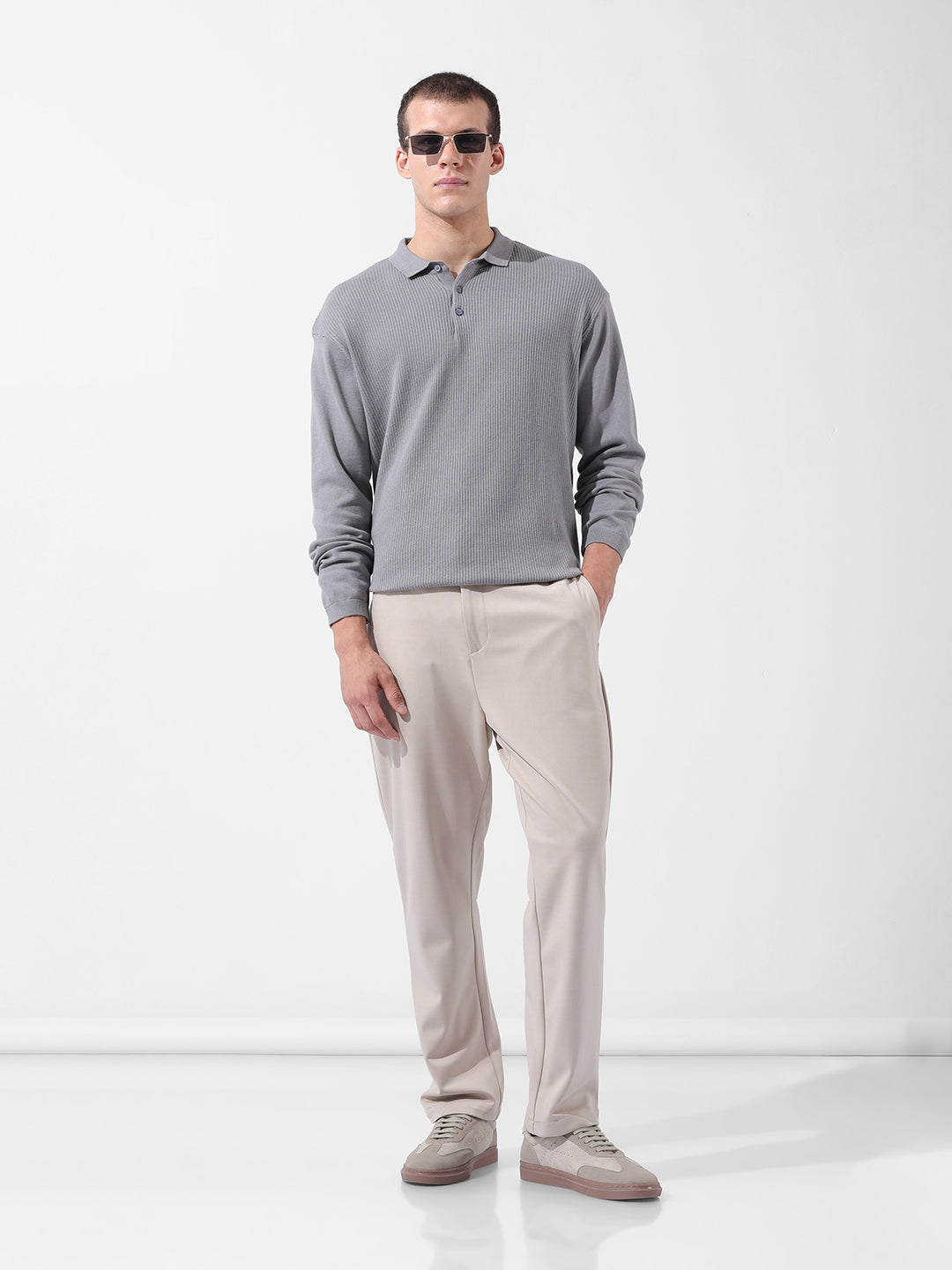 Men's Grey Oversized Fit Textured Flat Knit Polo Collar T-Shirt
