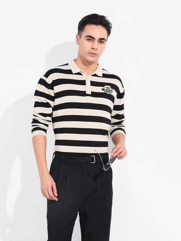 Men's Cream Oversized Fit Striped Flat Knit T-Shirt