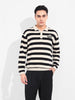 Men's Cream Oversized Fit Striped Flat Knit T-Shirt
