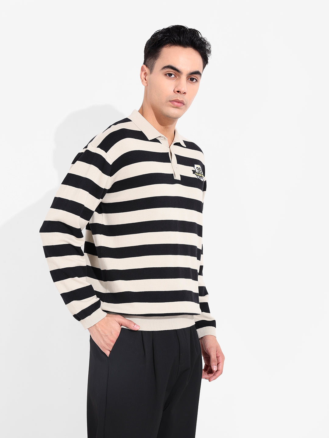 Men's Cream Oversized Fit Striped Flat Knit T-Shirt