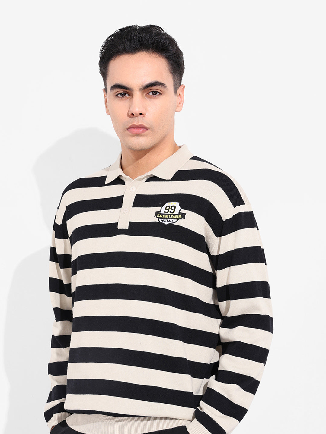 Men's Cream Oversized Fit Striped Flat Knit T-Shirt