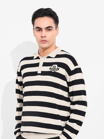 Men's Cream Oversized Fit Striped Flat Knit T-Shirt