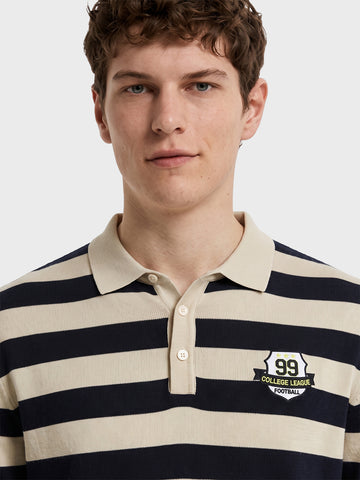 Men's Cream Oversized Fit Striped Flat Knit Polo T-Shirt