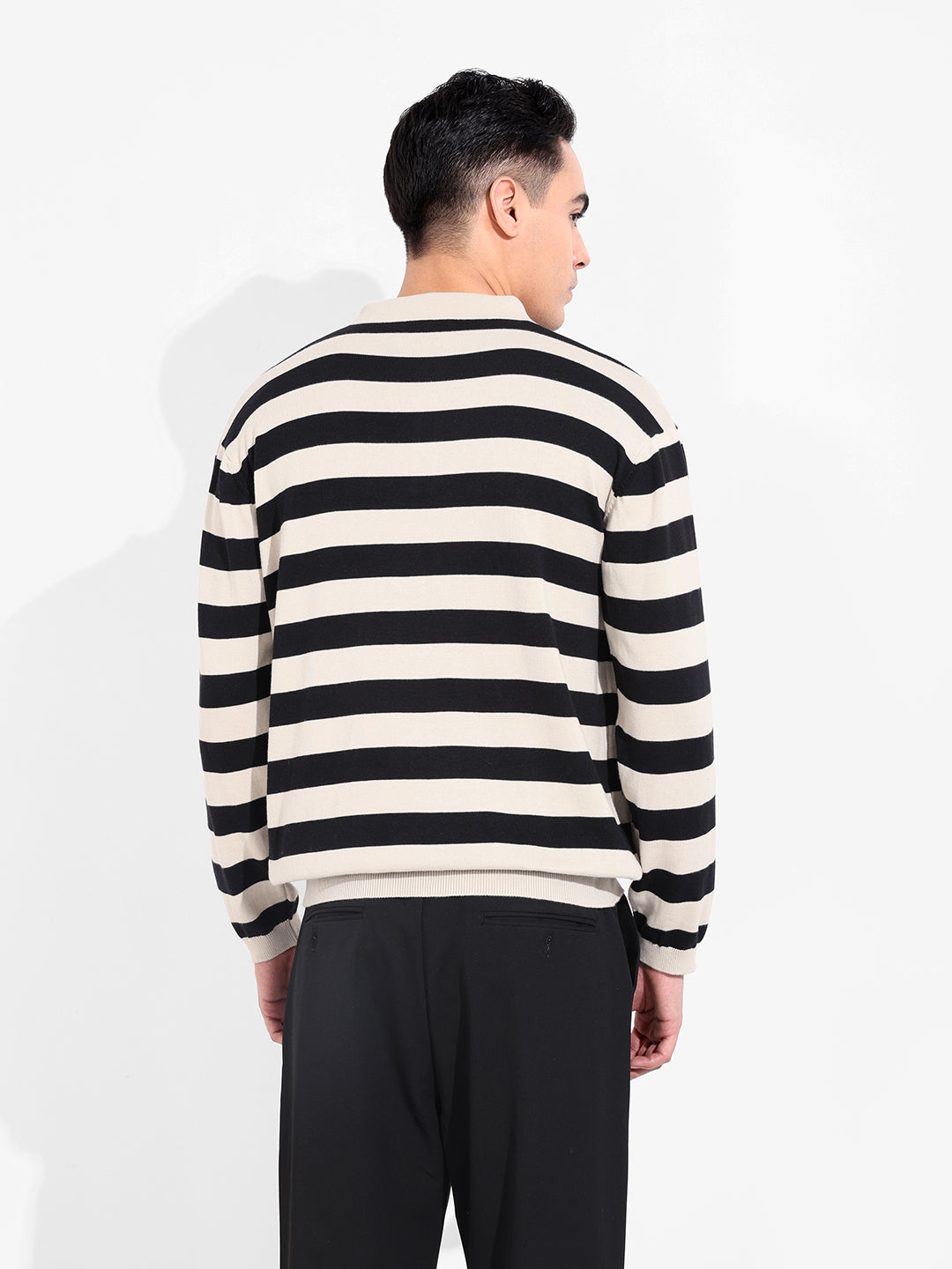 Men's Cream Oversized Fit Striped Flat Knit T-Shirt