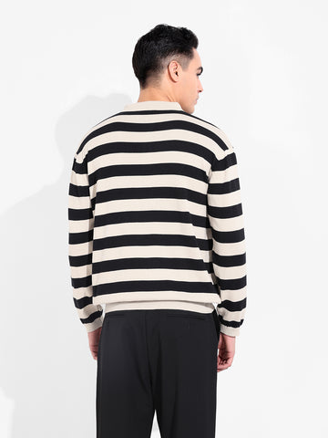 Men's Cream Oversized Fit Striped Flat Knit T-Shirt