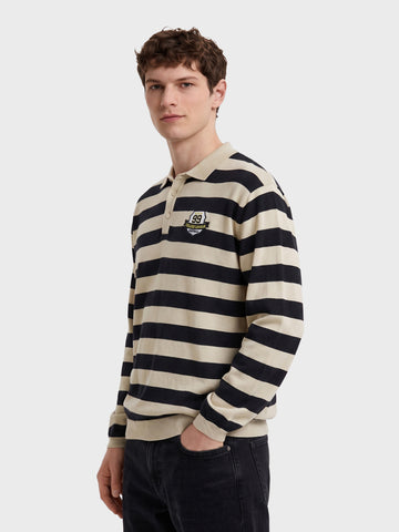 Men's Cream Oversized Fit Striped Flat Knit Polo T-Shirt