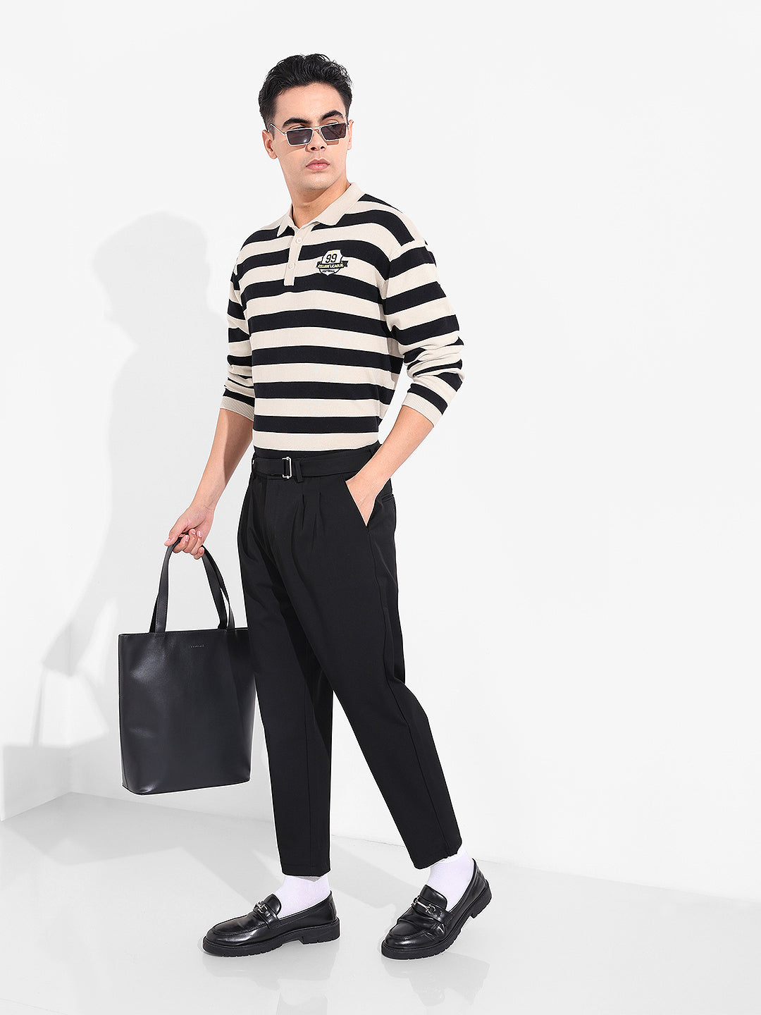 Men's Cream Oversized Fit Striped Flat Knit T-Shirt