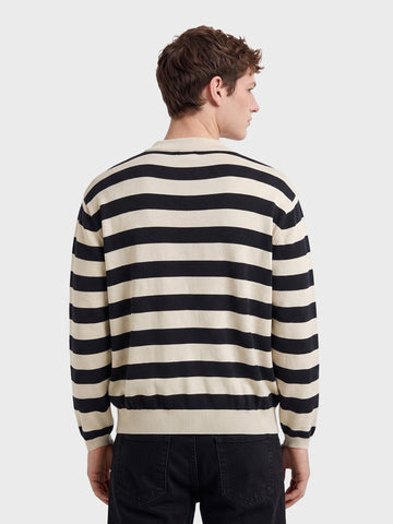 Men's Cream Oversized Fit Striped Flat Knit Polo T-Shirt