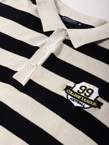 Men's Cream Oversized Fit Striped Flat Knit T-Shirt