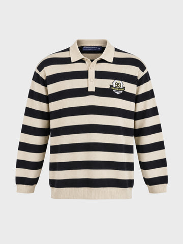 Men's Cream Oversized Fit Striped Flat Knit Polo T-Shirt