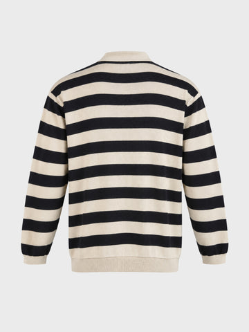Men's Cream Oversized Fit Striped Flat Knit Polo T-Shirt