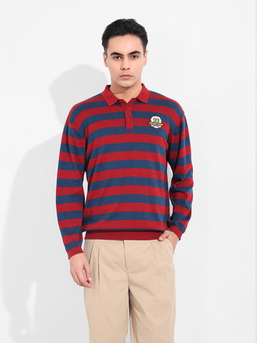 Men's Rust Oversized Fit Striped Flat Knit T-Shirt