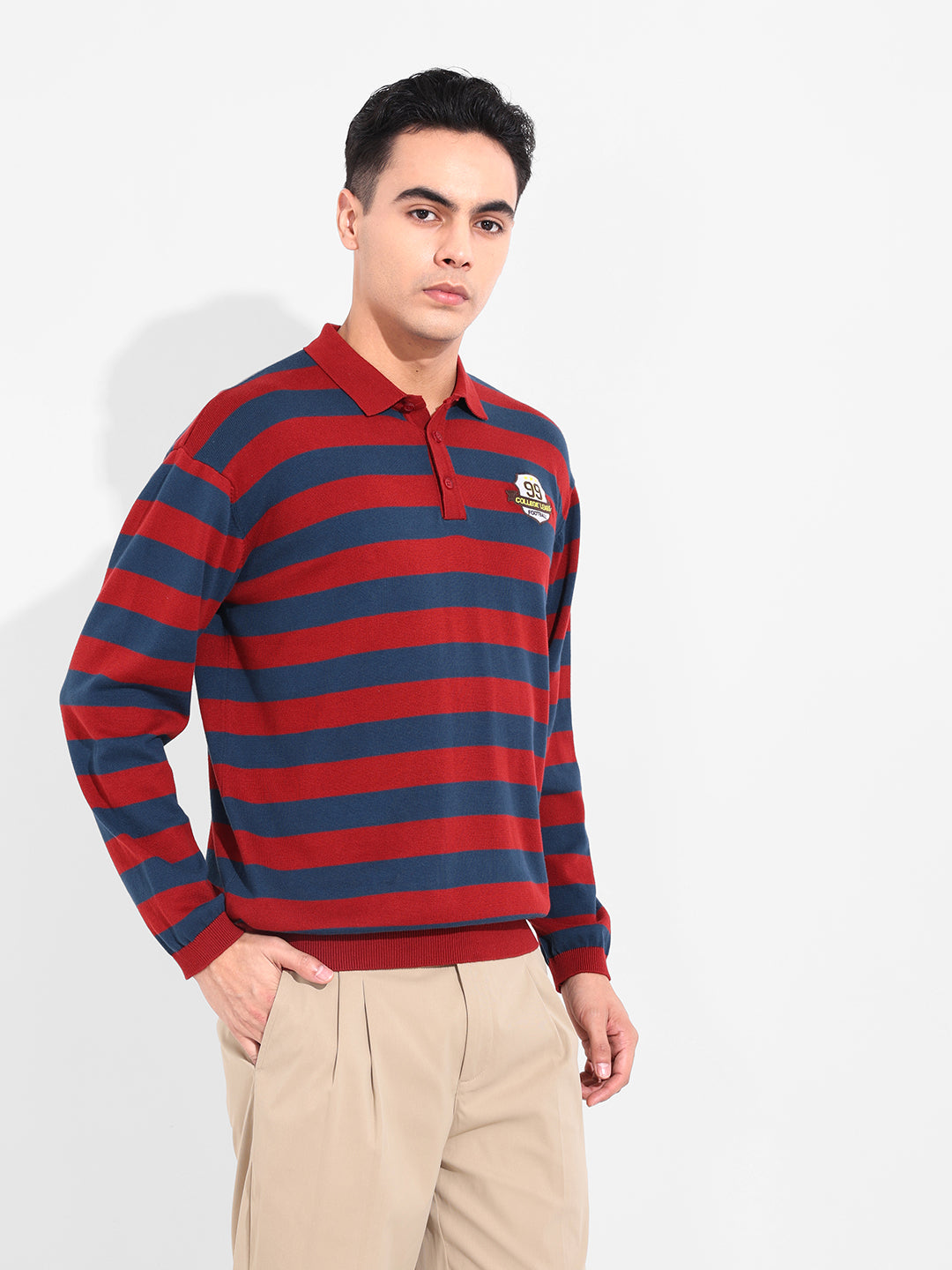 Men's Rust Oversized Fit Striped Flat Knit T-Shirt