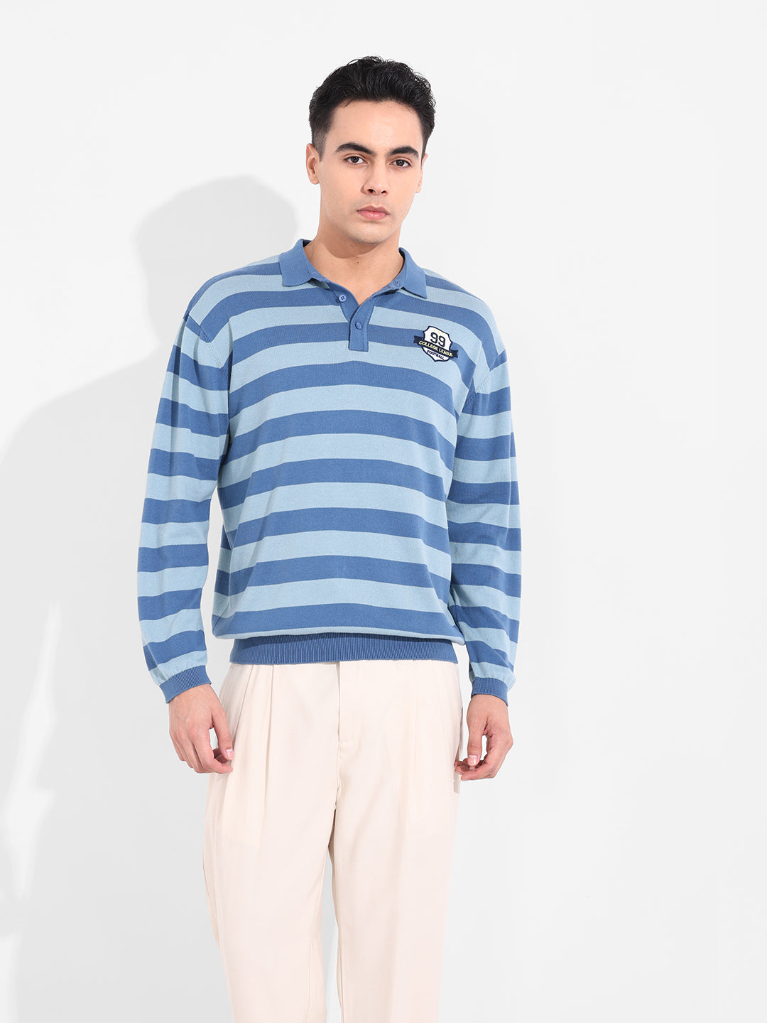 Men's Dark Blue Oversized Fit Striped Flat Knit T-Shirt