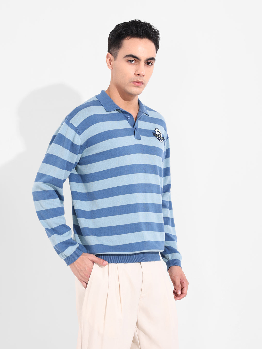 Men's Dark Blue Oversized Fit Striped Flat Knit T-Shirt