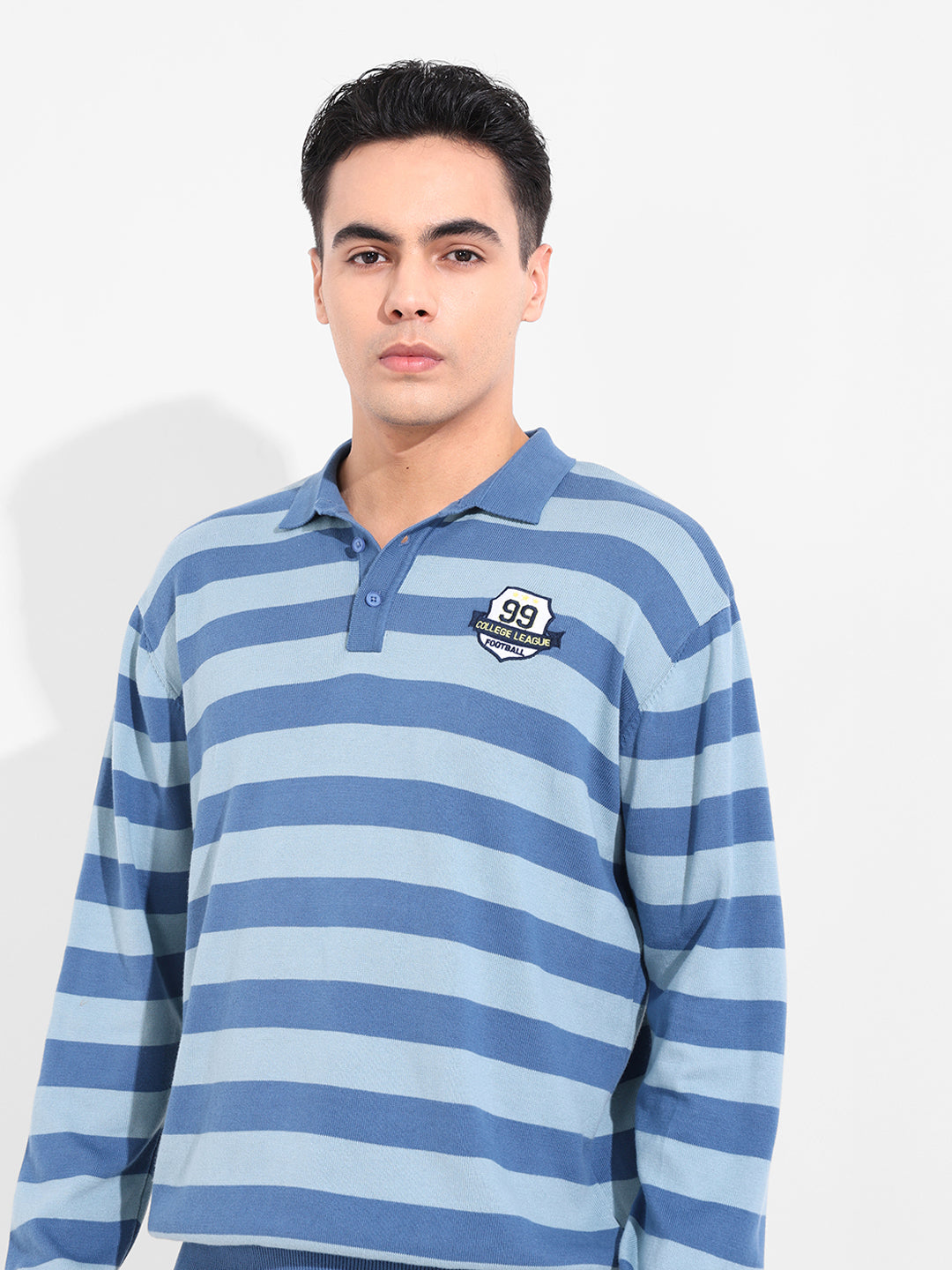 Men's Dark Blue Oversized Fit Striped Flat Knit T-Shirt