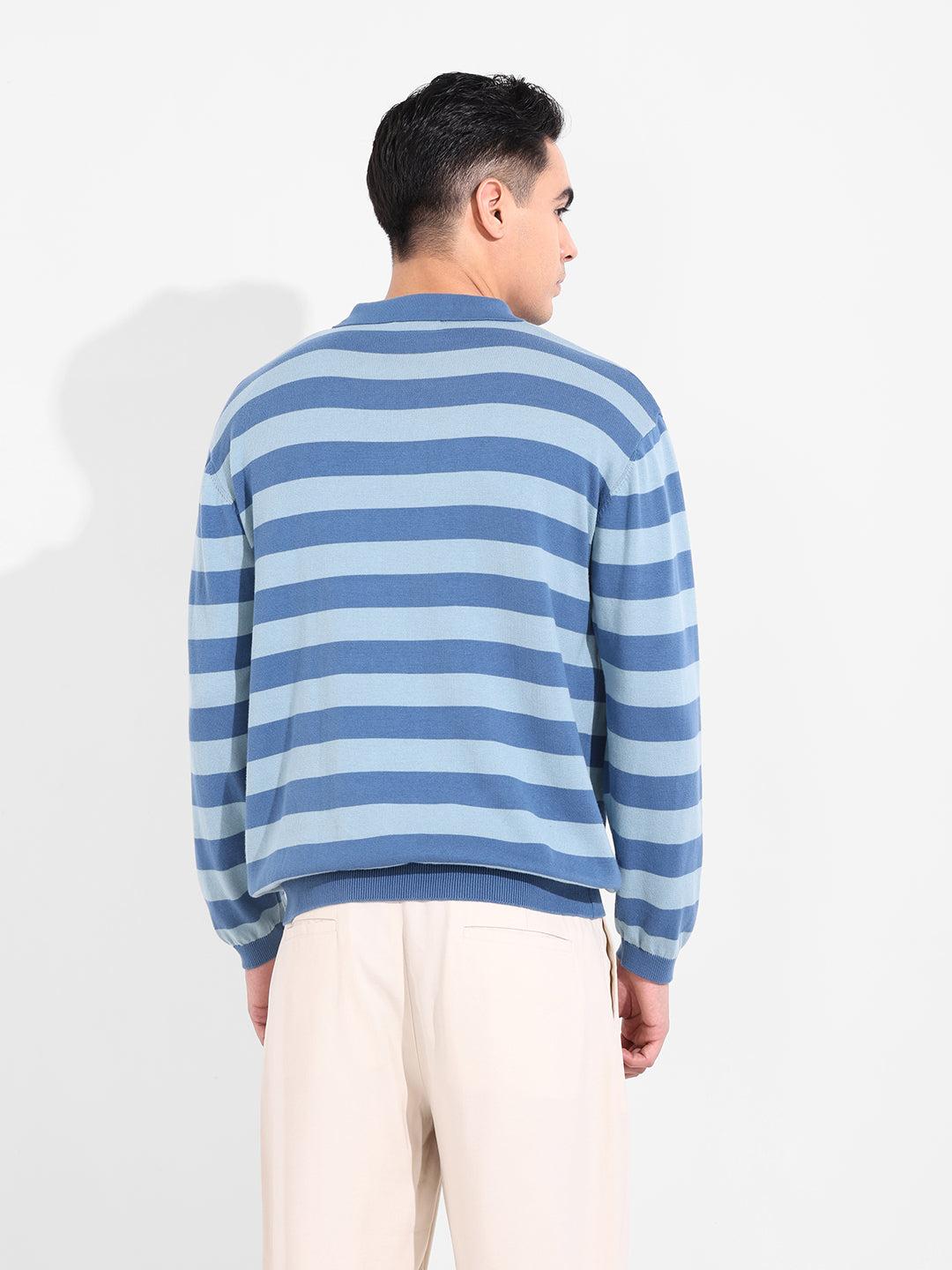 Men's Dark Blue Oversized Fit Striped Flat Knit T-Shirt