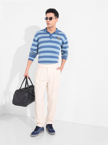 Men's Dark Blue Oversized Fit Striped Flat Knit T-Shirt