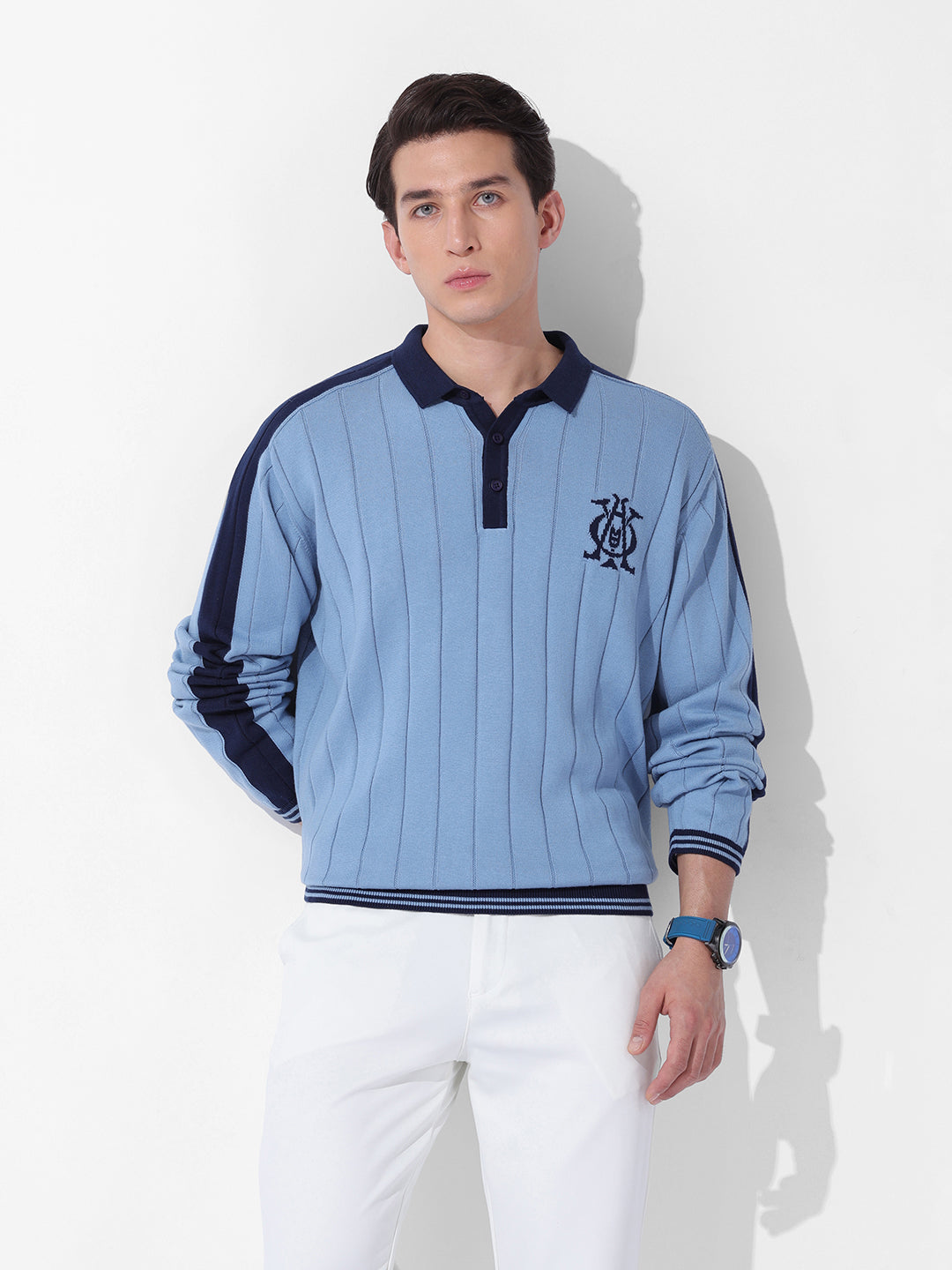 Men's Blue Oversized Fit Textured Flat Knit Polo Collar T-Shirt