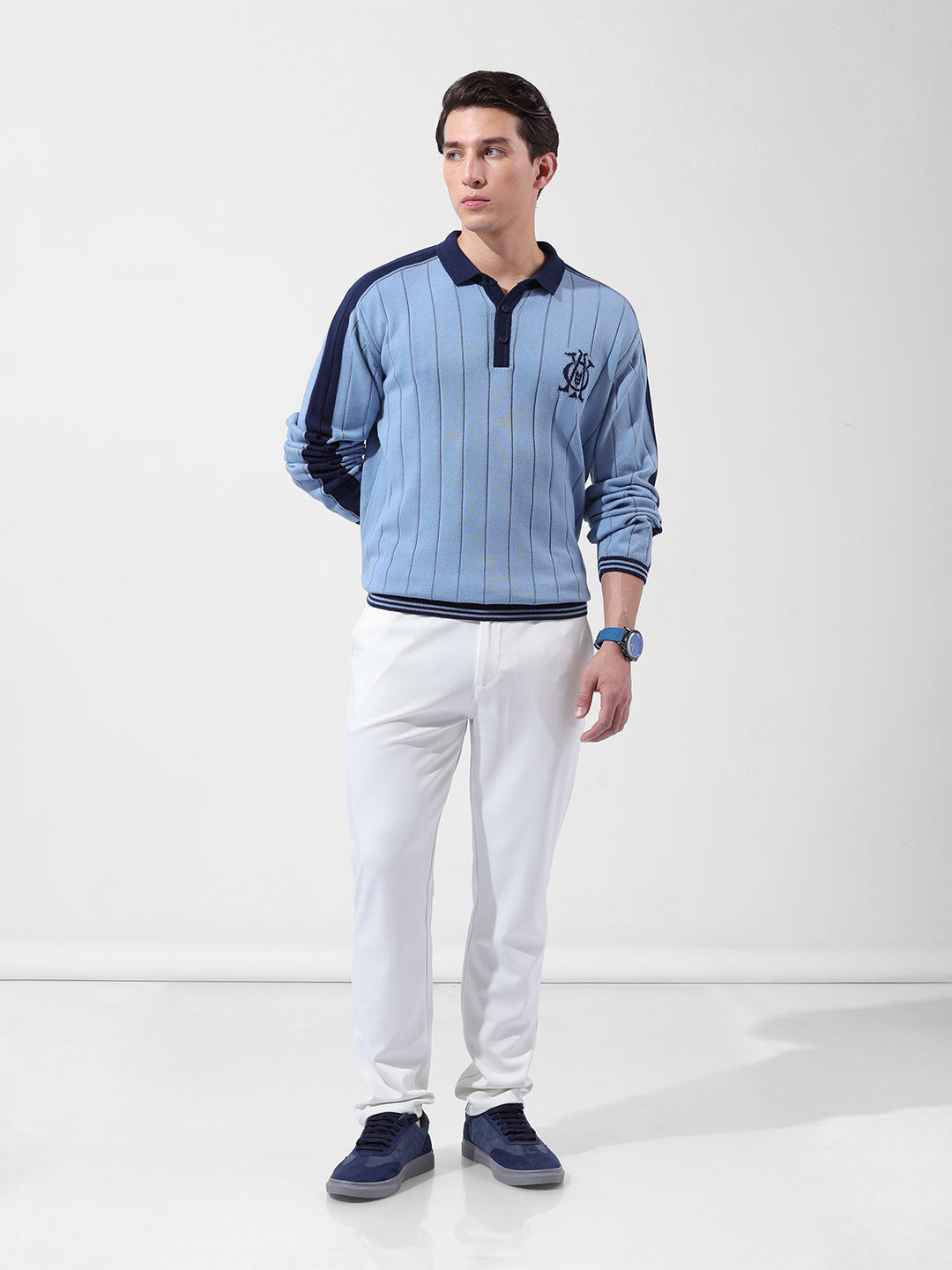 Men's Blue Oversized Fit Textured Flat Knit Polo Collar T-Shirt