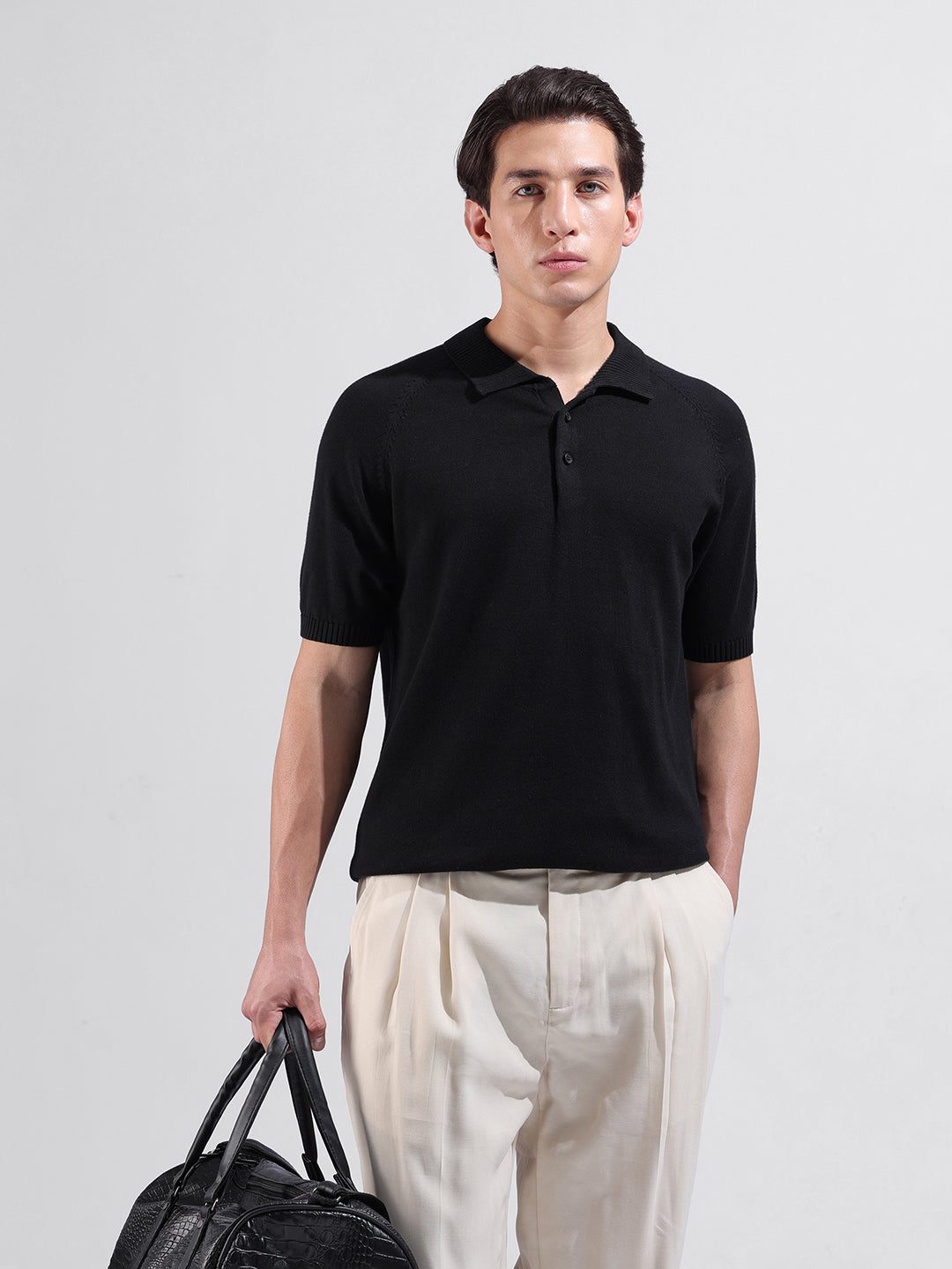 Men's Black Slim Fit Textured Flat Knit Polo Collar T-Shirt