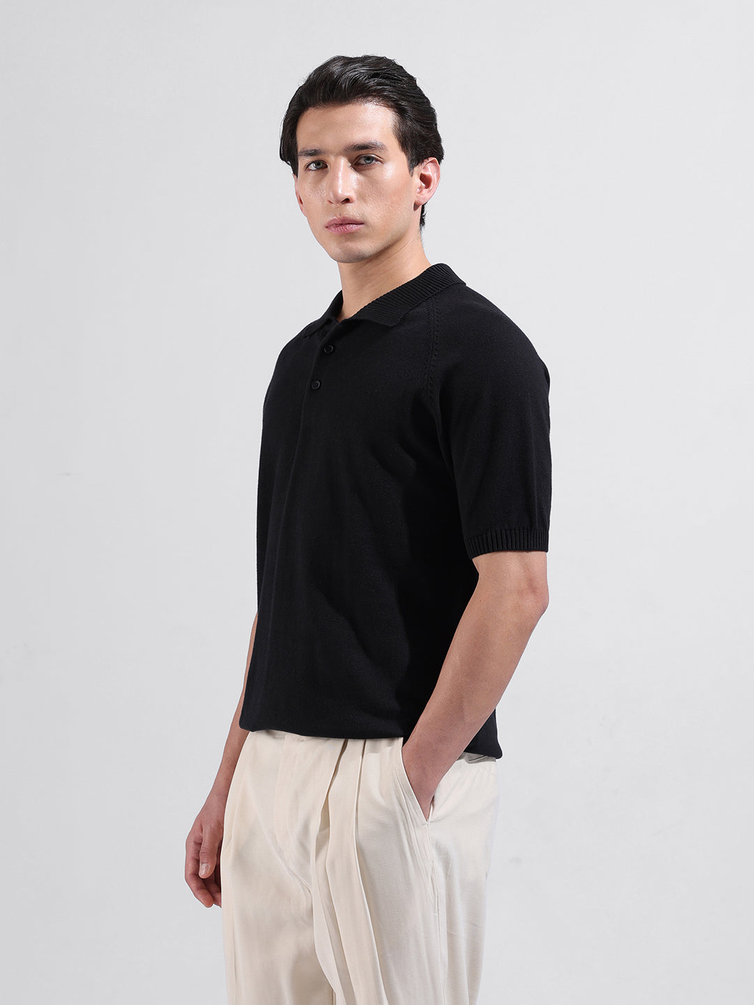 Men's Black Slim Fit Textured Flat Knit Polo Collar T-Shirt