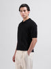 Men's Black Slim Fit Textured Flat Knit Polo Collar T-Shirt