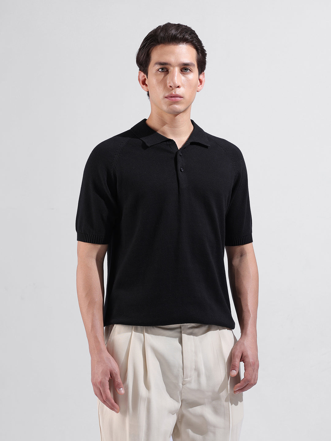 Men's Black Slim Fit Textured Flat Knit Polo Collar T-Shirt