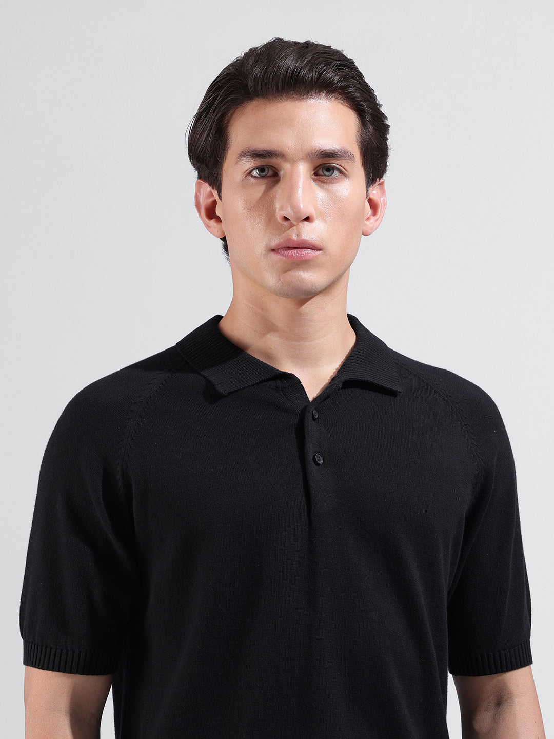Men's Black Slim Fit Textured Flat Knit Polo Collar T-Shirt